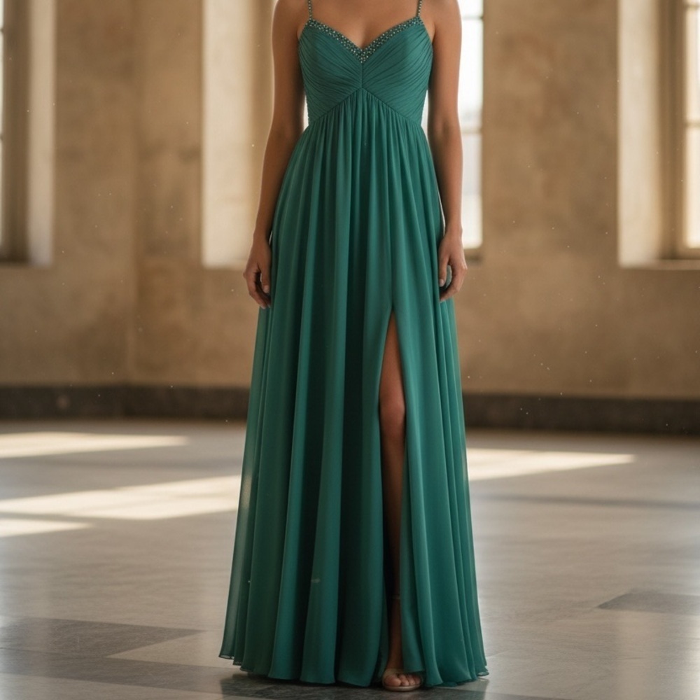 NEW La Femme Size 2 Jungle Green Chiffon Empire Waist Gown Prom Wedding Formal